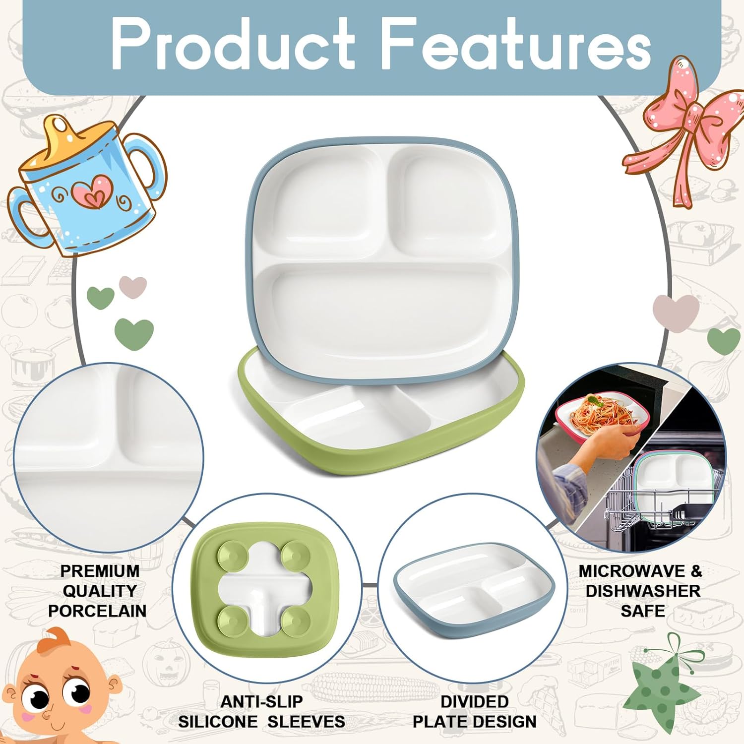 Domensi 3 Set Kids Porcelain Plates with Silicone Sleeves 8.2 Inch Divided Porcelain Plate Toddler White Suction Dishes for Baby Troubleless Eating Microwave Dishwasher Safe (Elegant)