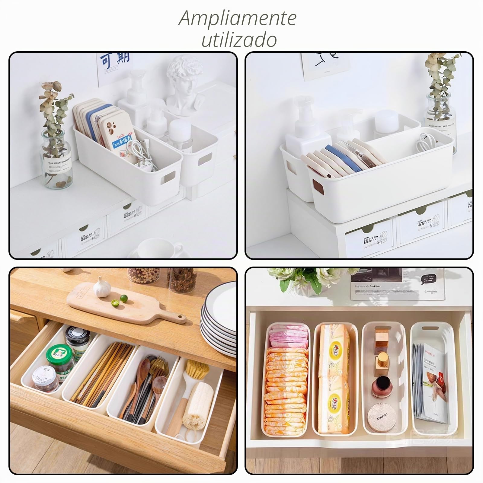 YAYODS 15 unidades de cajas de almacenamiento de plástico – 27 x 9,5 x 9 cm blanco organizador de almacenamiento con asas – cestas apilables – Cesta de almacenamiento para cocina, baño, armario