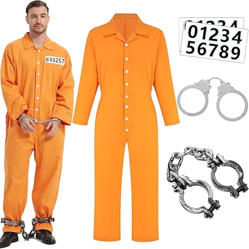 ZeroShop Halloween Costume for Men Prisoner Jumpsuit Jail Convict Jailbird Orange Outfit and Accessories