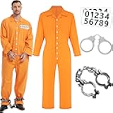 Halloween Costume for Men Prisoner Jumpsuit Jail Convict Jailbird Orange Outfit and Accessories