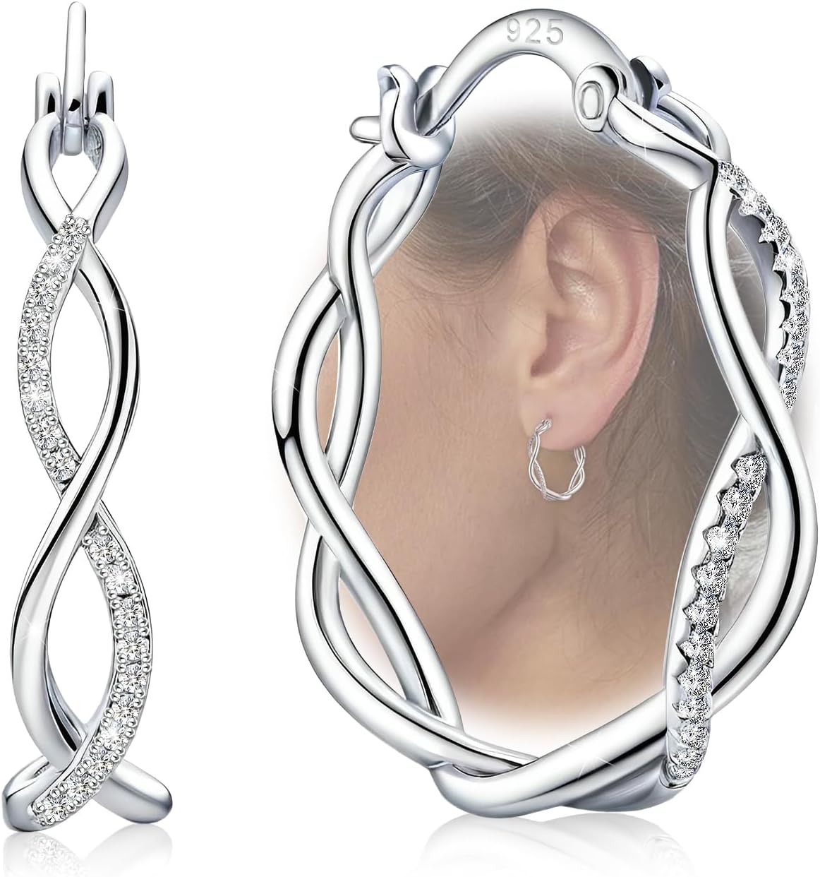 Infinity Earrings for Women Sterling Silver CZ Twisted Hoop Earrings Chunky Twist Oval Huggie Hoop Earrings for Daughter Mom Birthday Gifts