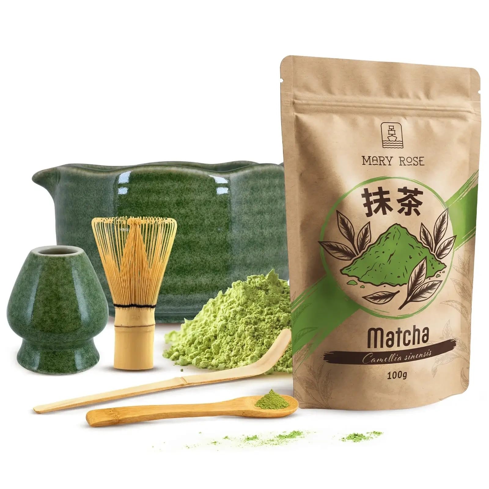 Kit Matcha Mary Rose: Thé Vert 100g avec fouet en bambou et accessoires