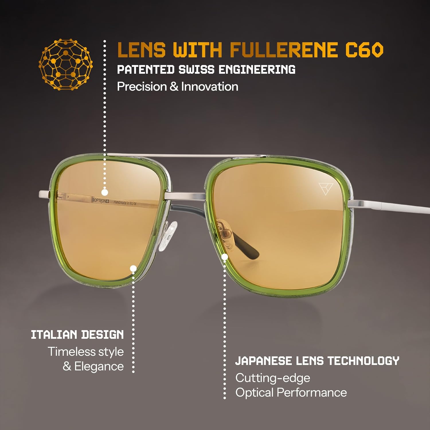 Hyperlight Aviator Green Fullerene C60 UV & bluelight daily shades for men. Unisex luxury sunglasses for women, designer sunglasses for men. Fashion branded harmonized white light eyeglasses w/case - Image 2