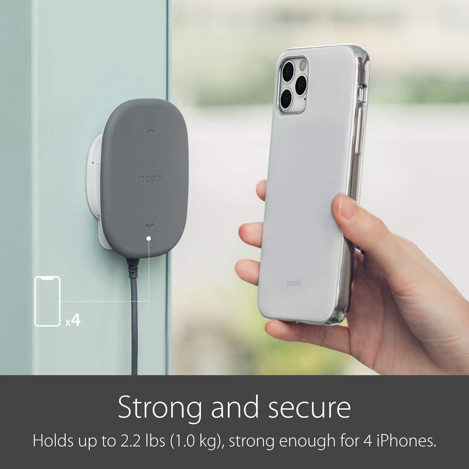 Moshi SnapTo Magnetic Wall Mount Wireless Charger Qi-Certified, Only Compatible with Moshi SnapTo Cases (NOT MagSafe), Fast Charge Up to 10W, Supports Portrait & Landscape Model