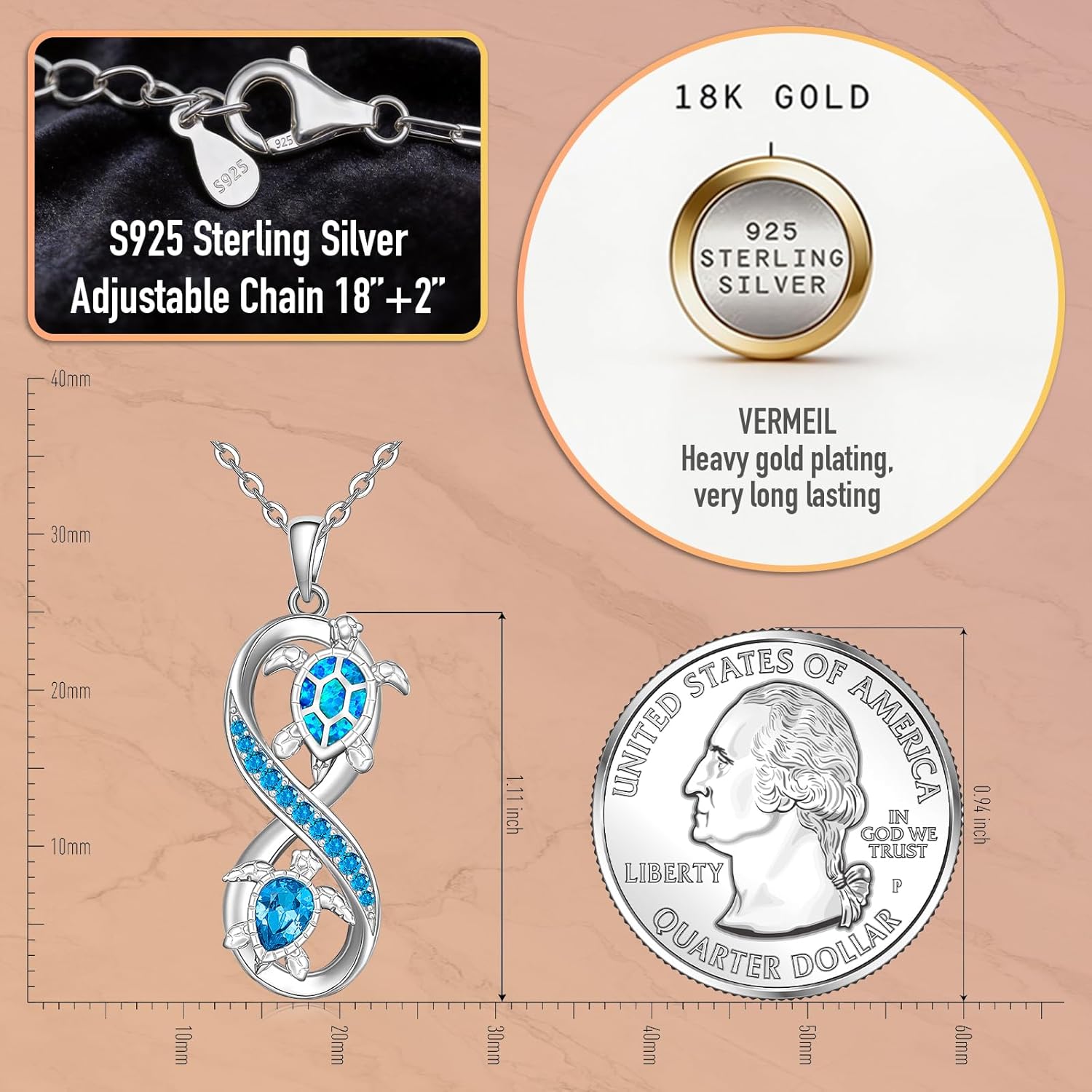 Fenthring Sea Turtle Gifts Turtle Necklace for Women Mom Sterling Silver Pendant Opal Infinity Necklaces Ocean Wave Christmas Jewelry