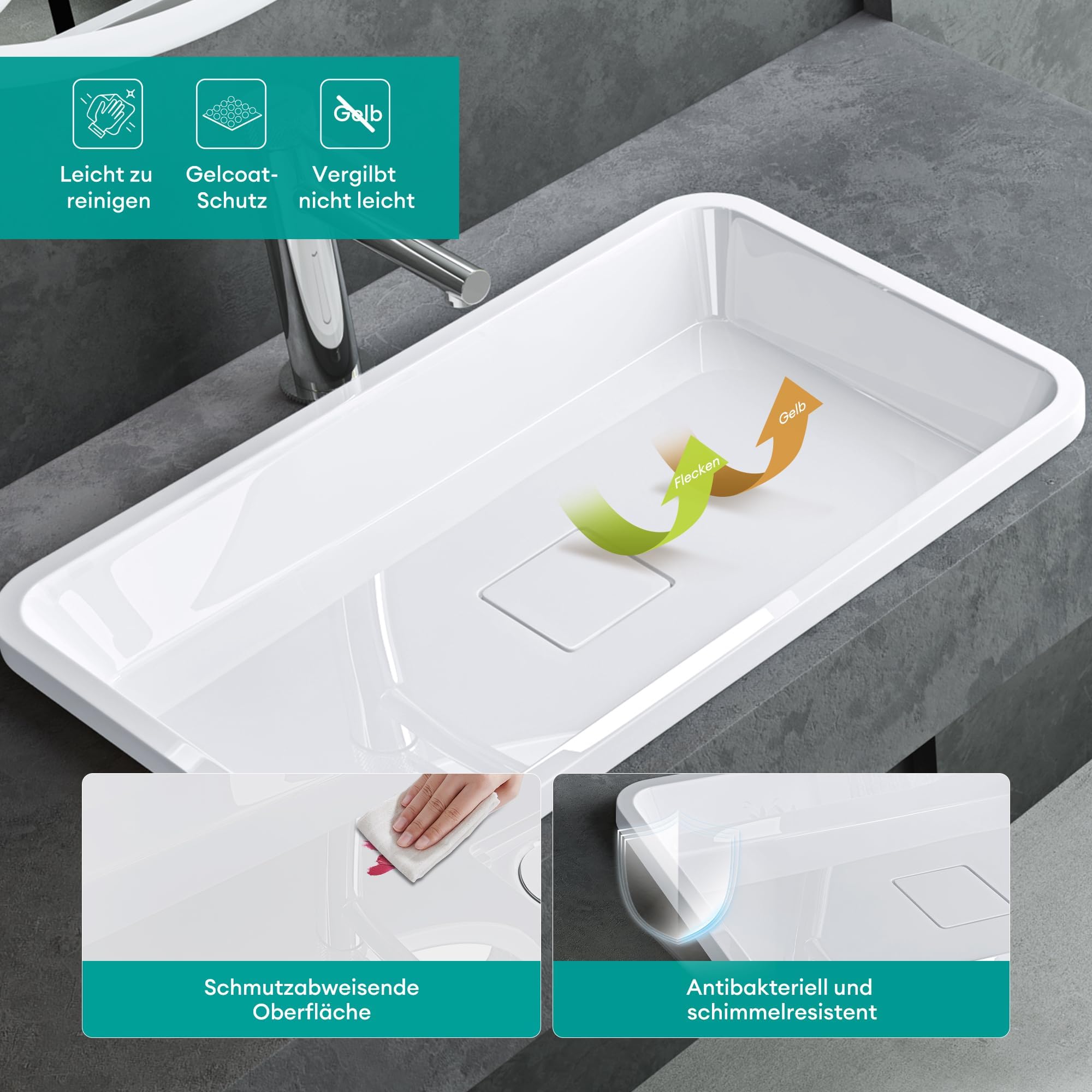 Mai & Mai Lavabo da Incasso 53x33x10.5cm, Lavandino Bagno da Appoggio Rettangolare da Minerale Fuso, Bianco Lucido, Colossum104