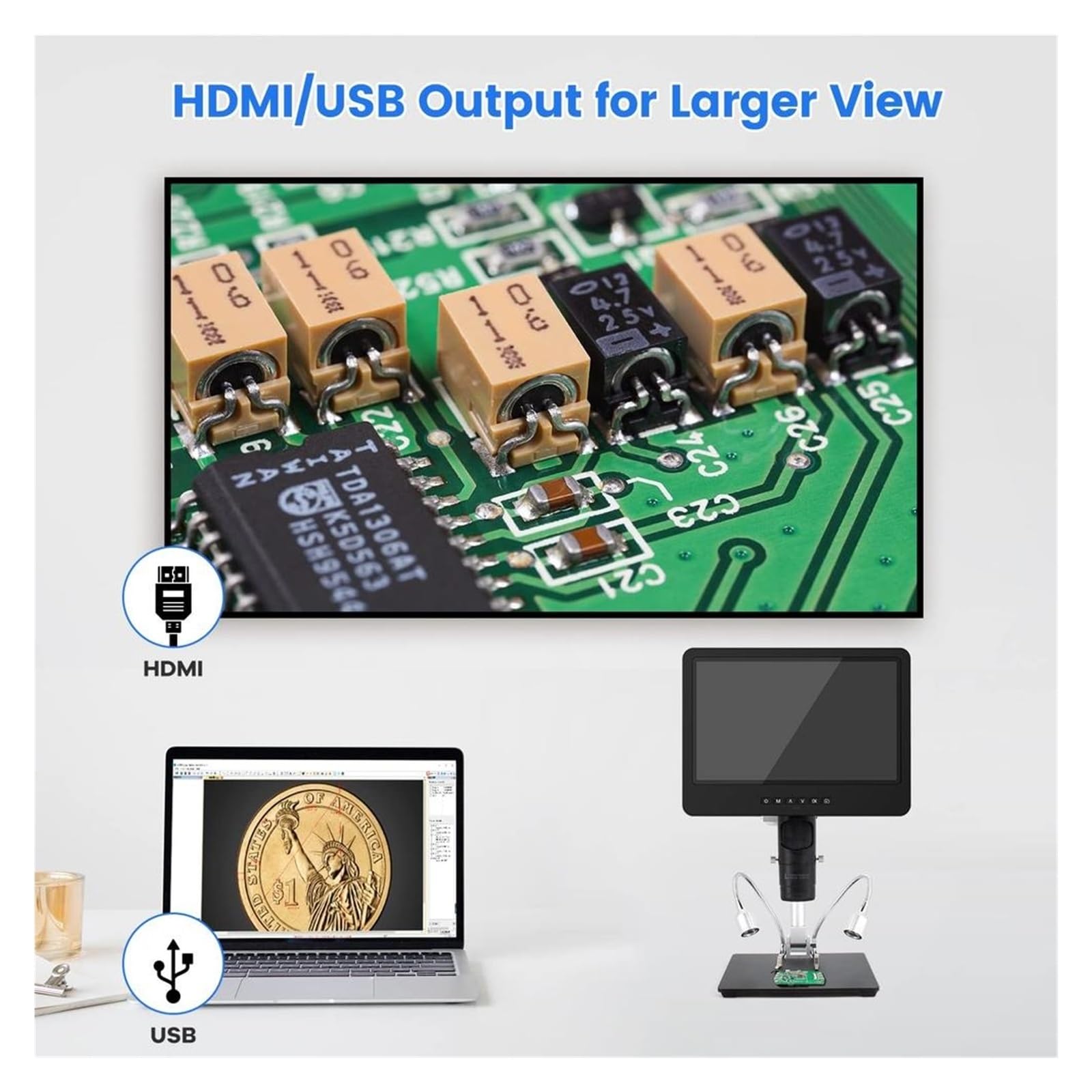 3 Lens 10.1" LCD Digital Microscope 2000x 24MP Soldering Metal Stand Adjustable Vertical Horizontal Observation