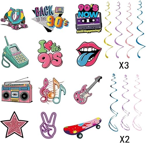 Miniatura 6 de Decoraciones de fiesta temática de los años 90, remolinos colgantes retro con cassette, boombox, patín de ruedas, notas musicales, 24 piezas