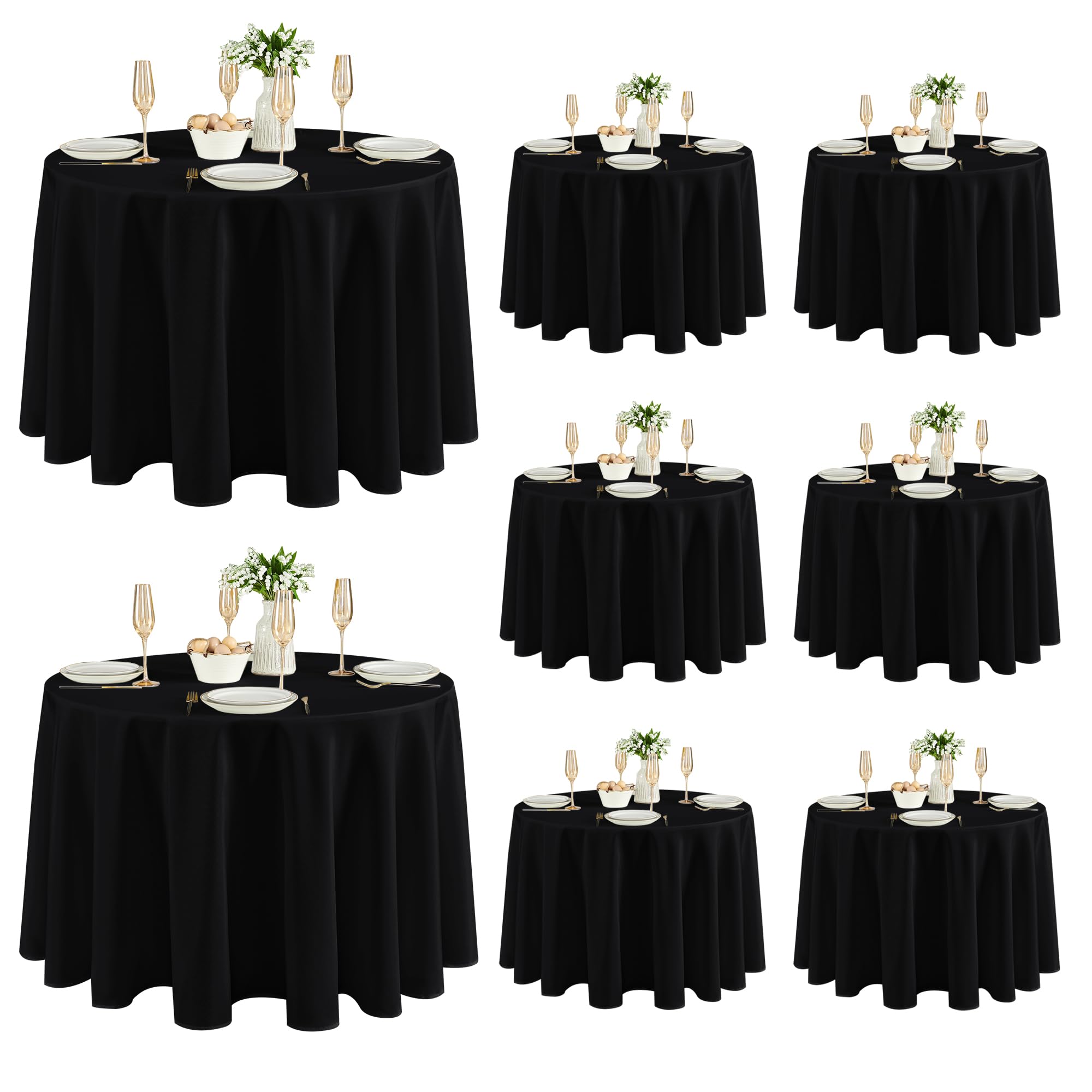 Fitable 8 Pack Black Round Tablecloths 120 Inch for 48"-96" Tables