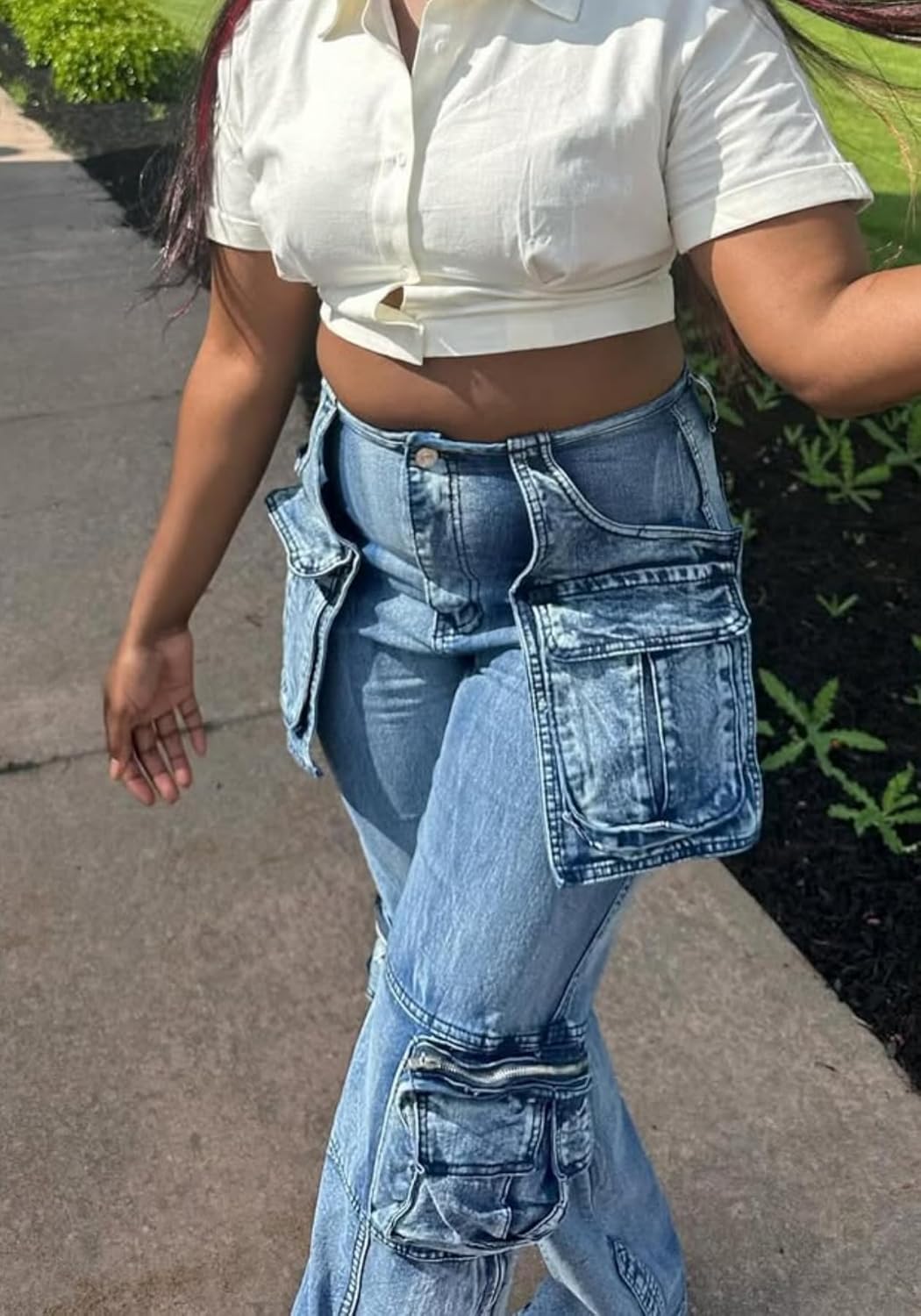 Baggy Jeans Women High Stretch Zipper Slit Striaght Leg Cargo Pants - Image 4