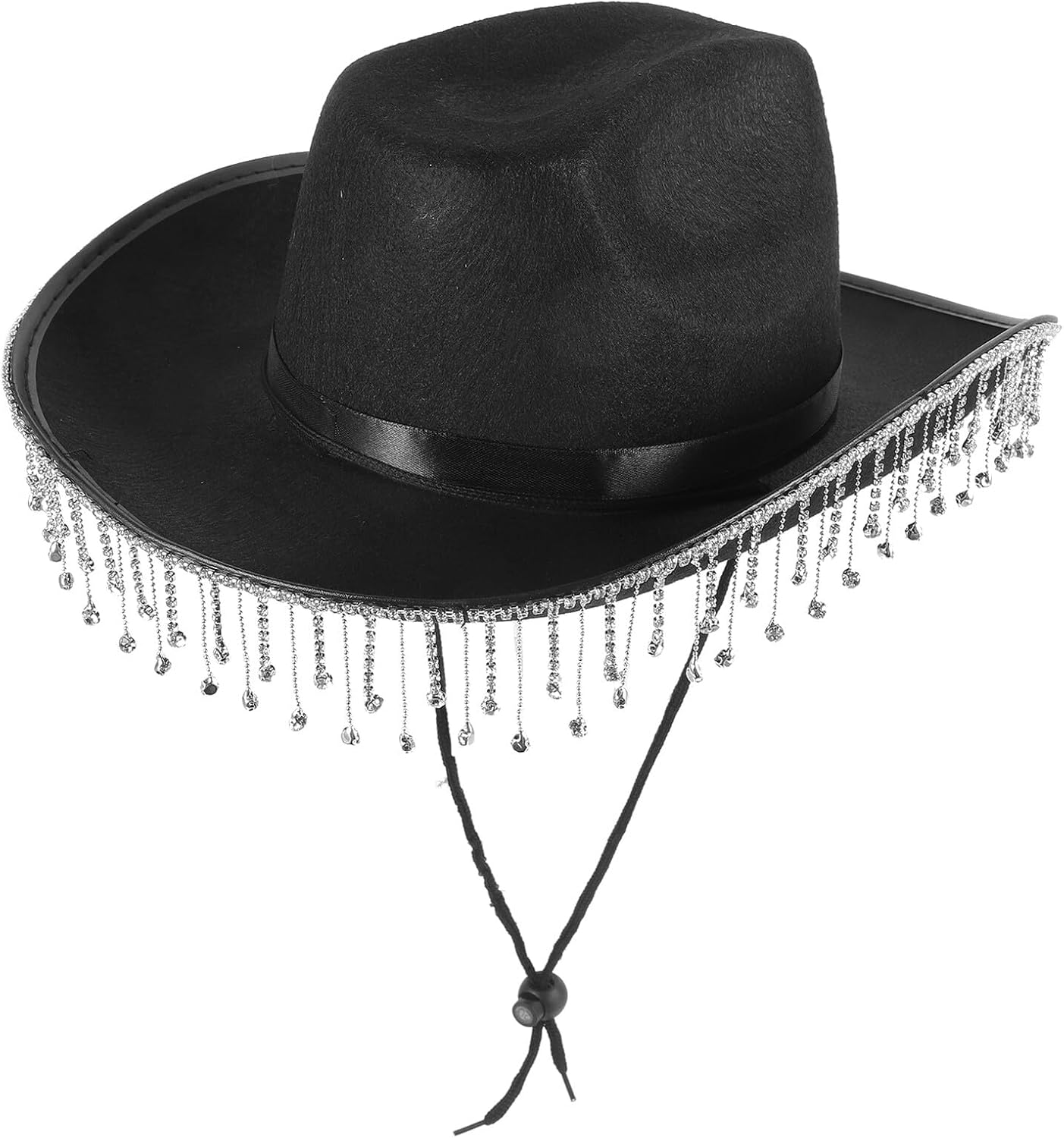 Cowgirl Hat with Rhinestone Tassel Fringe Black Western Sunshade Hat for Women Bridal Party Wedding Accessory