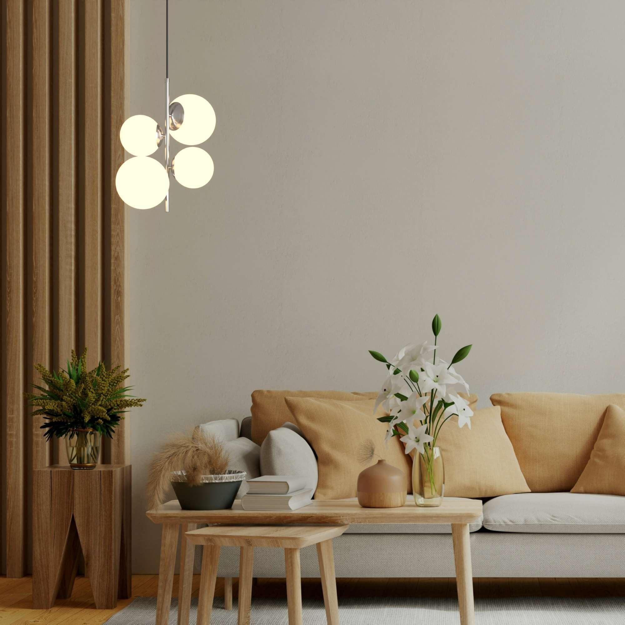 Lampada a sospensione da soffitto TANNA a 4 sfere, lampada moderna in vetro opalino e alluminio, attacco E27, Ø 15cm, altezza regolabile, per soggiorno, sala, cucina o camera da letto