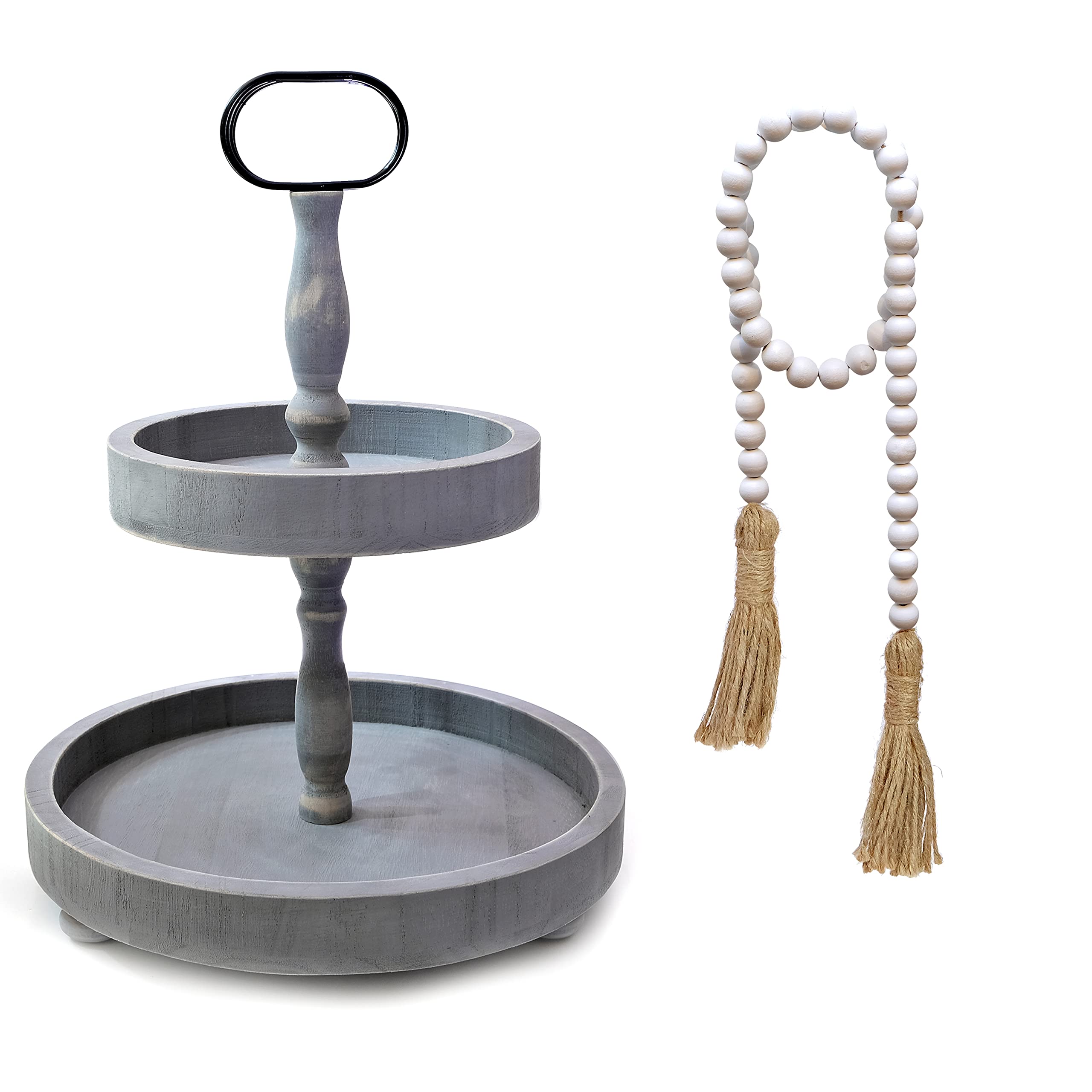 Farmhouse Tiered Tray with Beads Home Decor, Wooden 2 Tier 