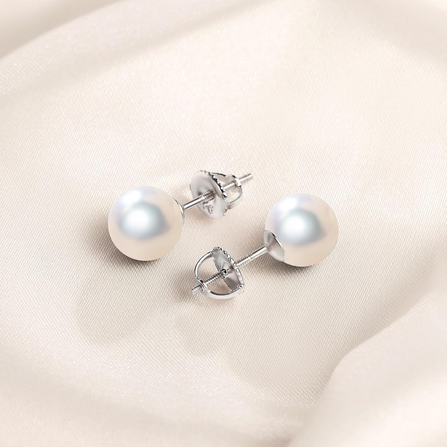 Pearl Stud Earrings With Screw Back,925 Sterling Silver Freshwater Pearl Earrings for Women,Real 5/6/7/8mm Round Cultured Pearls Stud,Elegant Jewelry Gifts for Mother/Brides