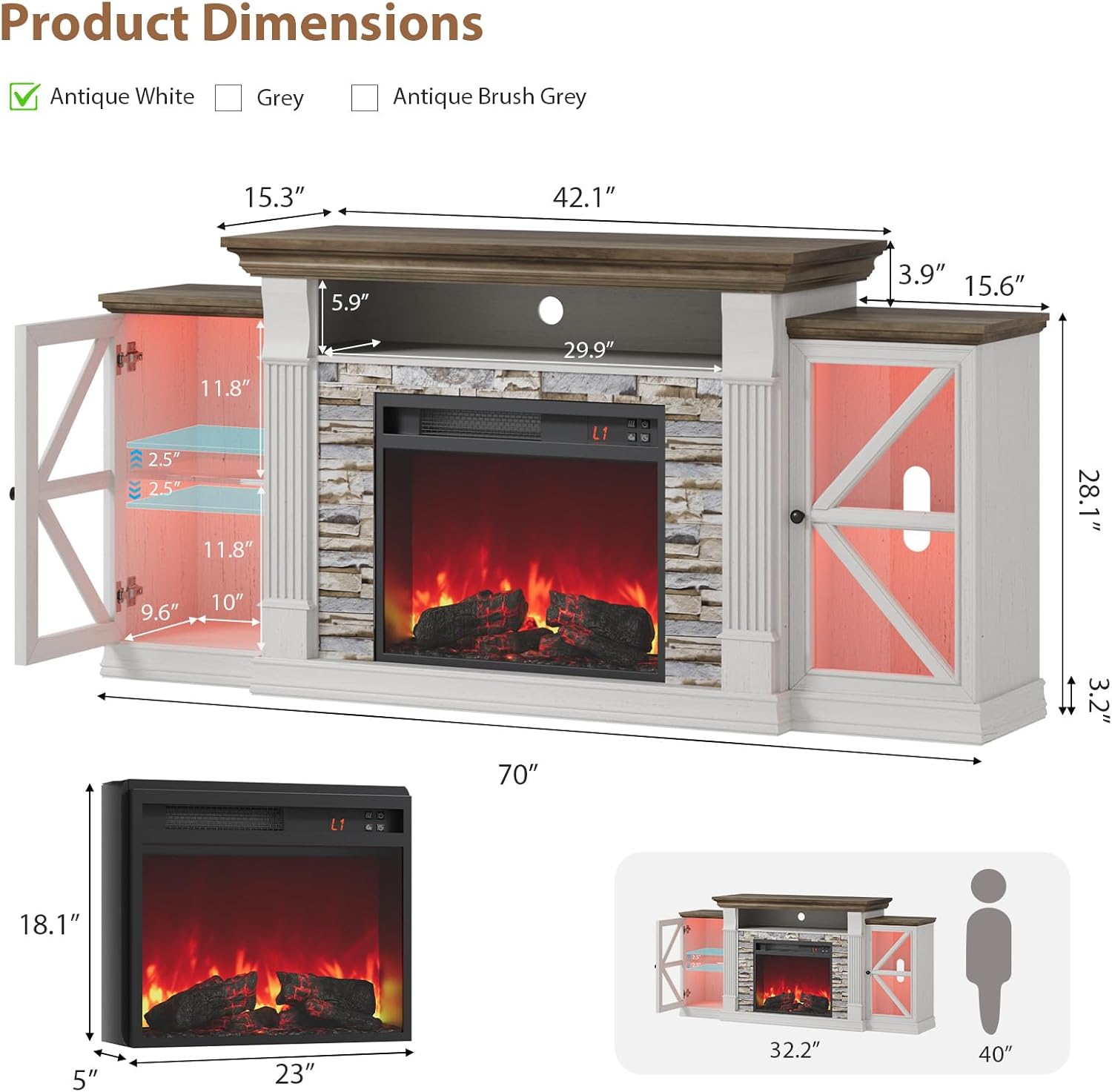 Diagram showing product dimensions: 15 inches deep, 70 inches wide, 32 inches high.