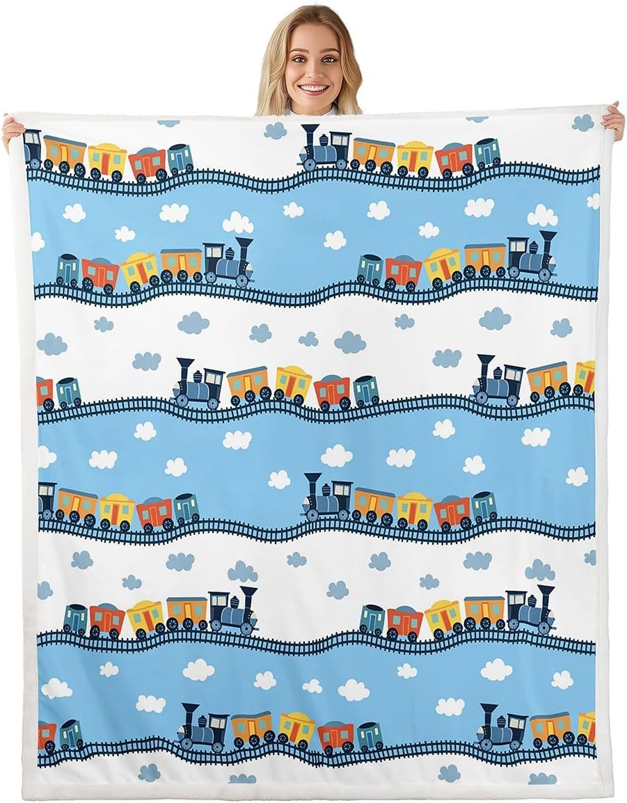 Erosebridal Kids Locomotive Train Fleece Throw Blanket,Cute Steam Engine Truck Sherpa Blanket for Boys Girls Blue White Clouds Fuzzy Plush Railway Car Vehicles Plush Bed Blankets Queen