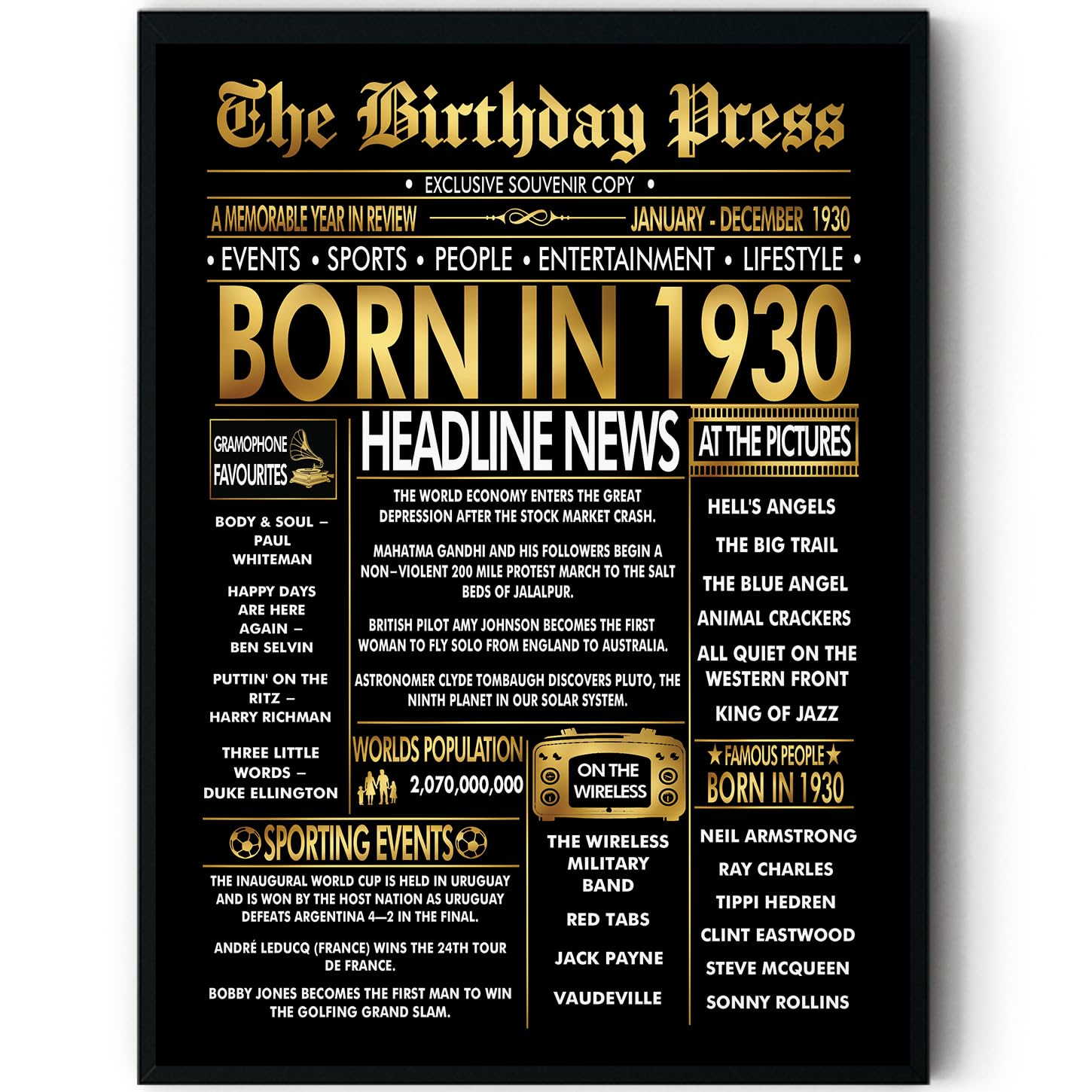 Stuff4 Men's 1930 Gold 96Th Birthday Poster Framed - Golden Born In Newspaper - Happy 96 Birthday For Wo Retro Vintage Gifts Back In 8X10 Inch Bday Party Decor Decoration