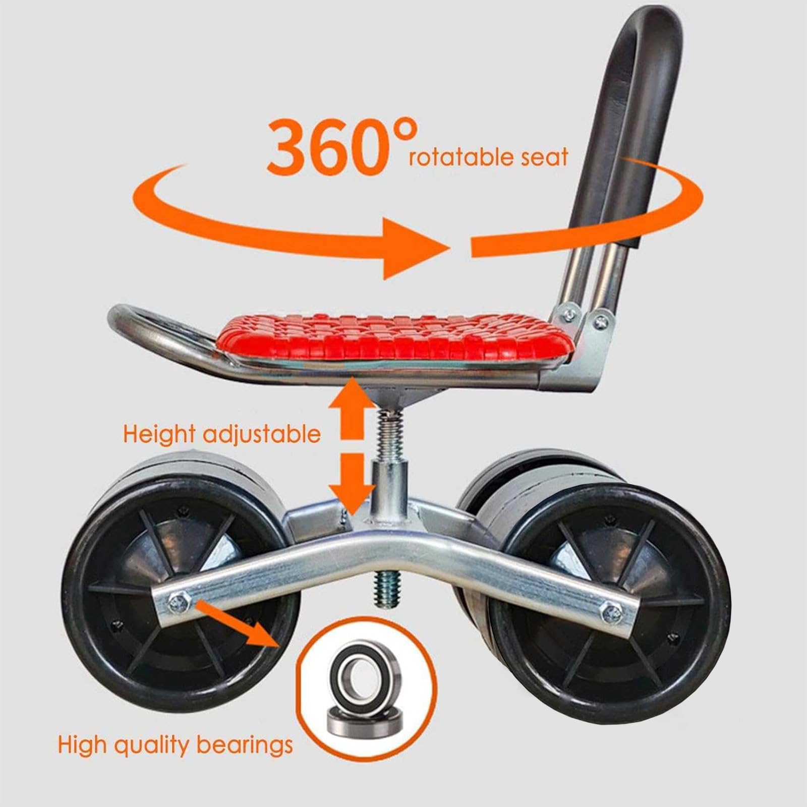 Taburete de jardín con ruedas, asiento con ruedas para carrito de jardín móvil hasta 130 kg, asiento giratorio de 360 grados, neumáticos de goma anchos para jardinería, carro de taller, carrito