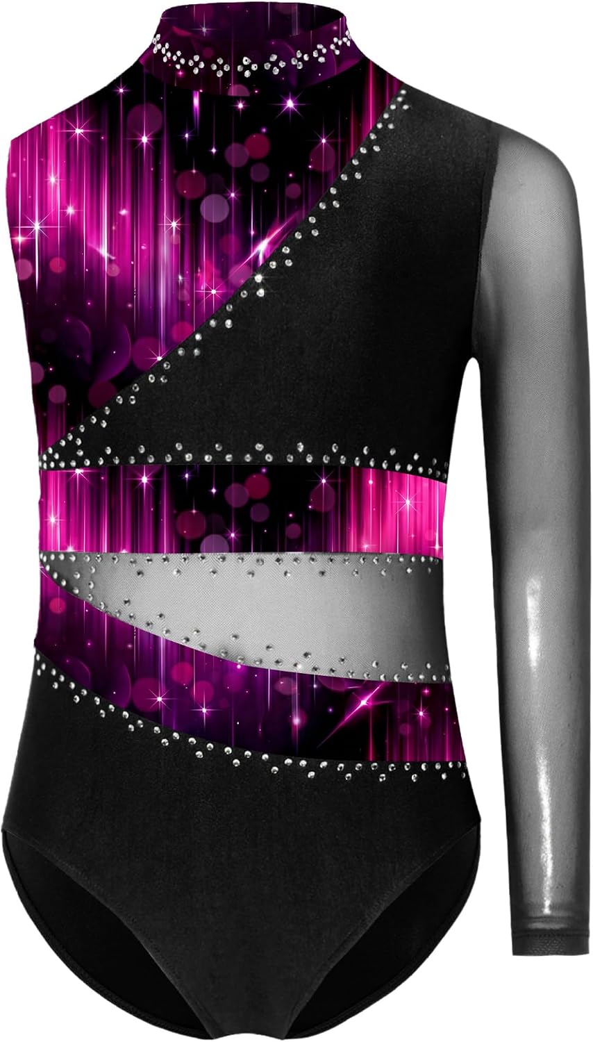 Girls Gymnastic Unitard Competition Bodysuit Leotard Rhinestones Patchwork Dance