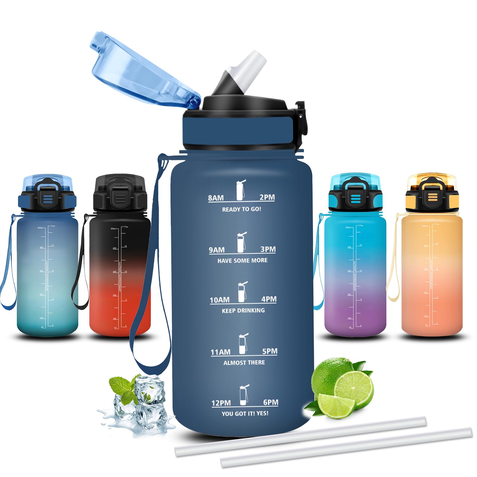 Mujigaga Kids Water Bottle 500ml Drinking Bottle with Straw Leakless Motivational Water Bottles Easy Carry Wide Mouth Water Bottles for School Office Camping