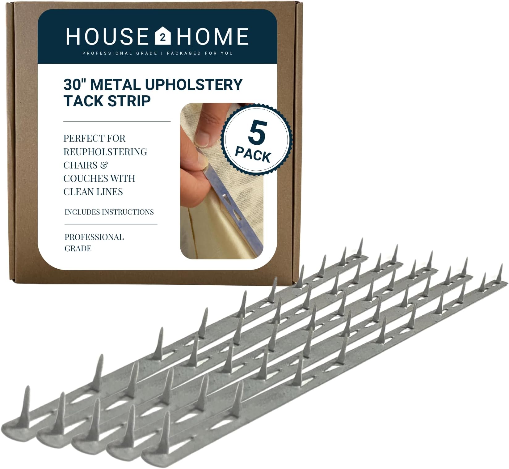 House2Home 30" Upholstery Metal Tack Strips, Fabric Reupholstery Supplies for Furniture, Couch, Chair, and Sofa, Includes Instructions, 5-Pack