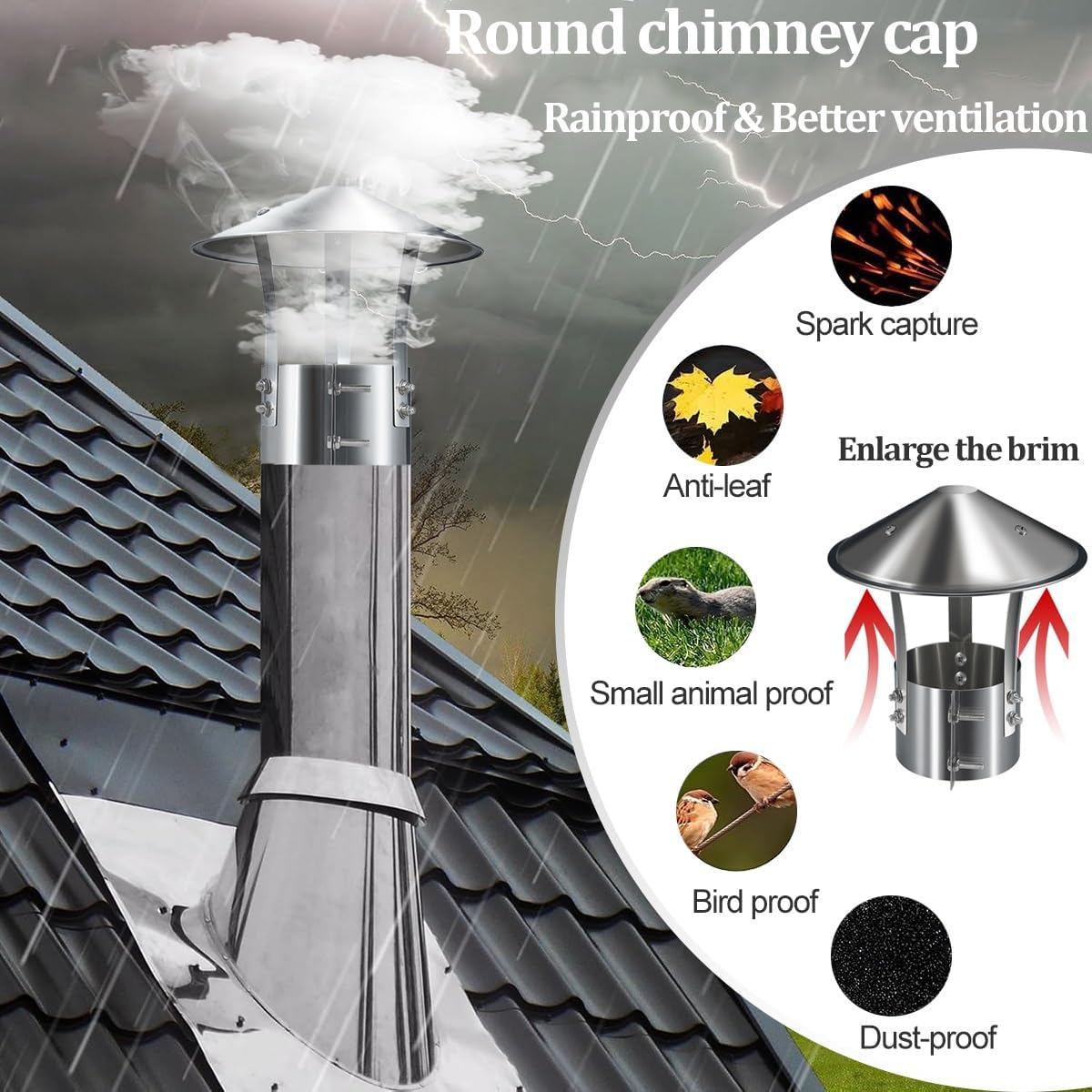 Round Chimney Cap 201 Stainless Steel Fireplace Chimney Caps 3" 4" 5" 6" 7" 8" Stove Pipe Cap Chimney Cover for Outside Chimney Protection Weather-Proof Roof Cap Chimney Exhaust Vent(180mm/7in)