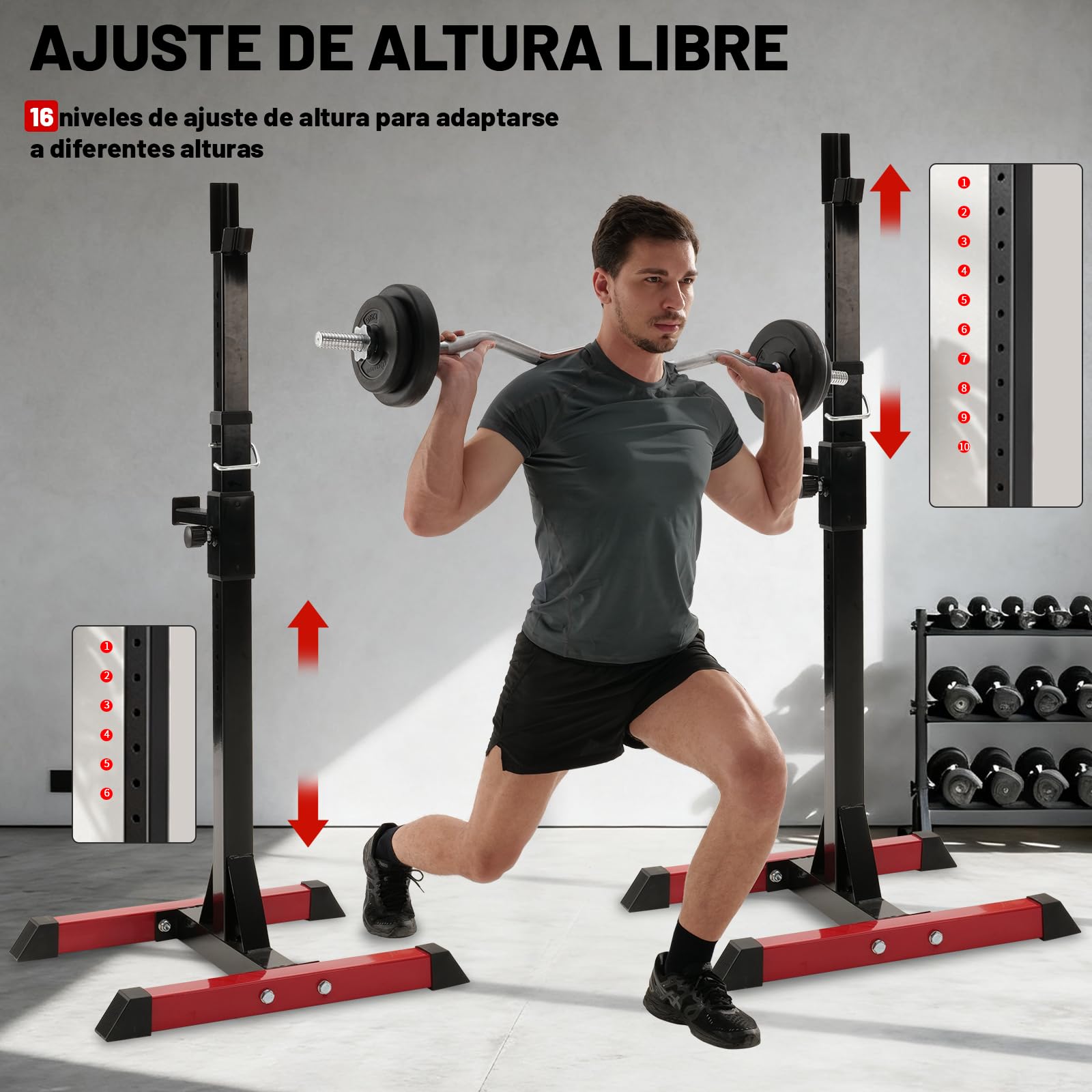 ISE Soporte Barra Pesas ajustable, Soporte Pesas Barra, Rack Sentadillas y Press Banca Squat Rack Stand Gym para Fitness, Soporte Para Pesas de Levantamiento Gimnasio para Banco de Peso, Máx 200kg