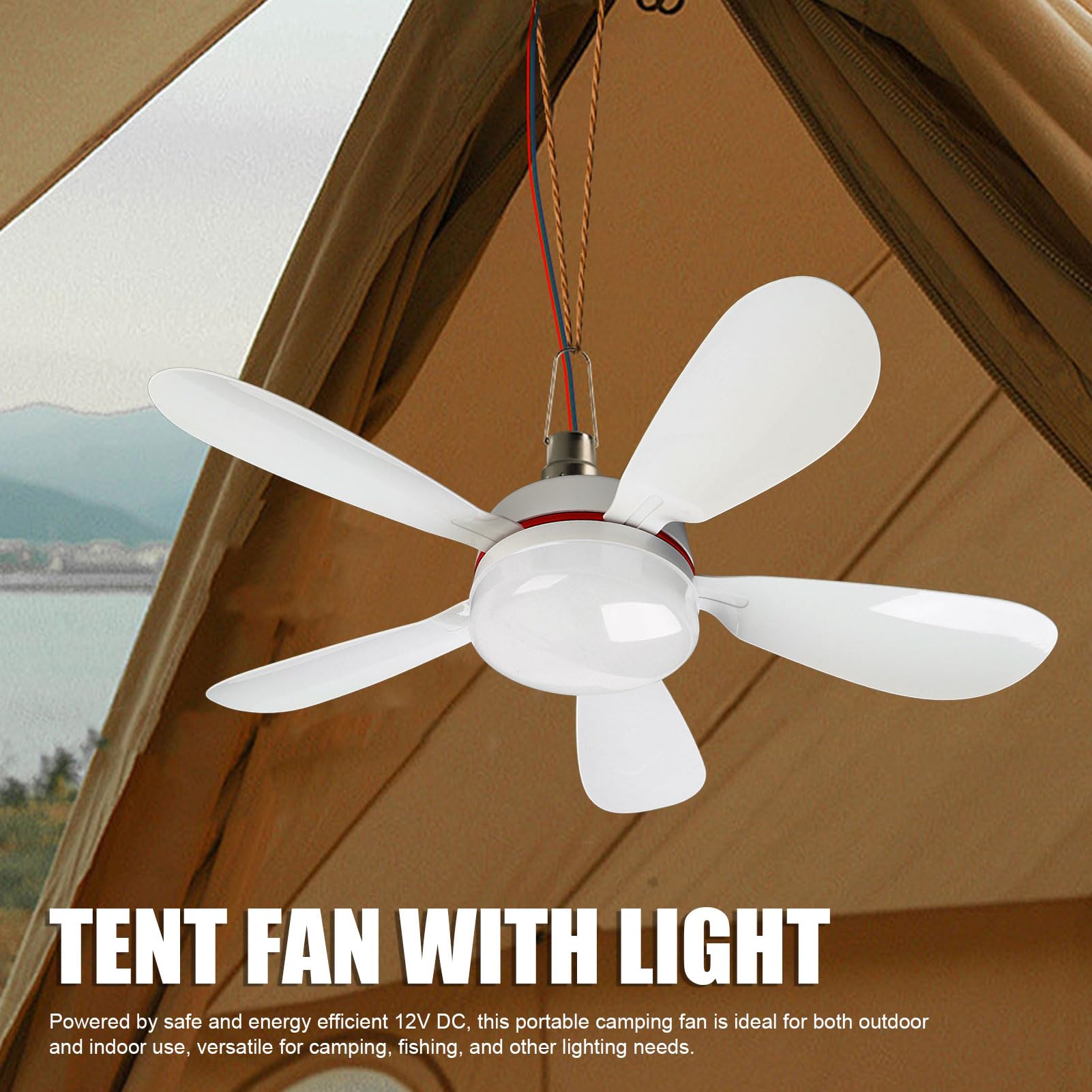 Tragbarer Deckenventilator, LED-Licht und abnehmbare Klingen, 16,5-Zoll-Lüfter, 12-V-DC für Camping, Outdoor und Reisen