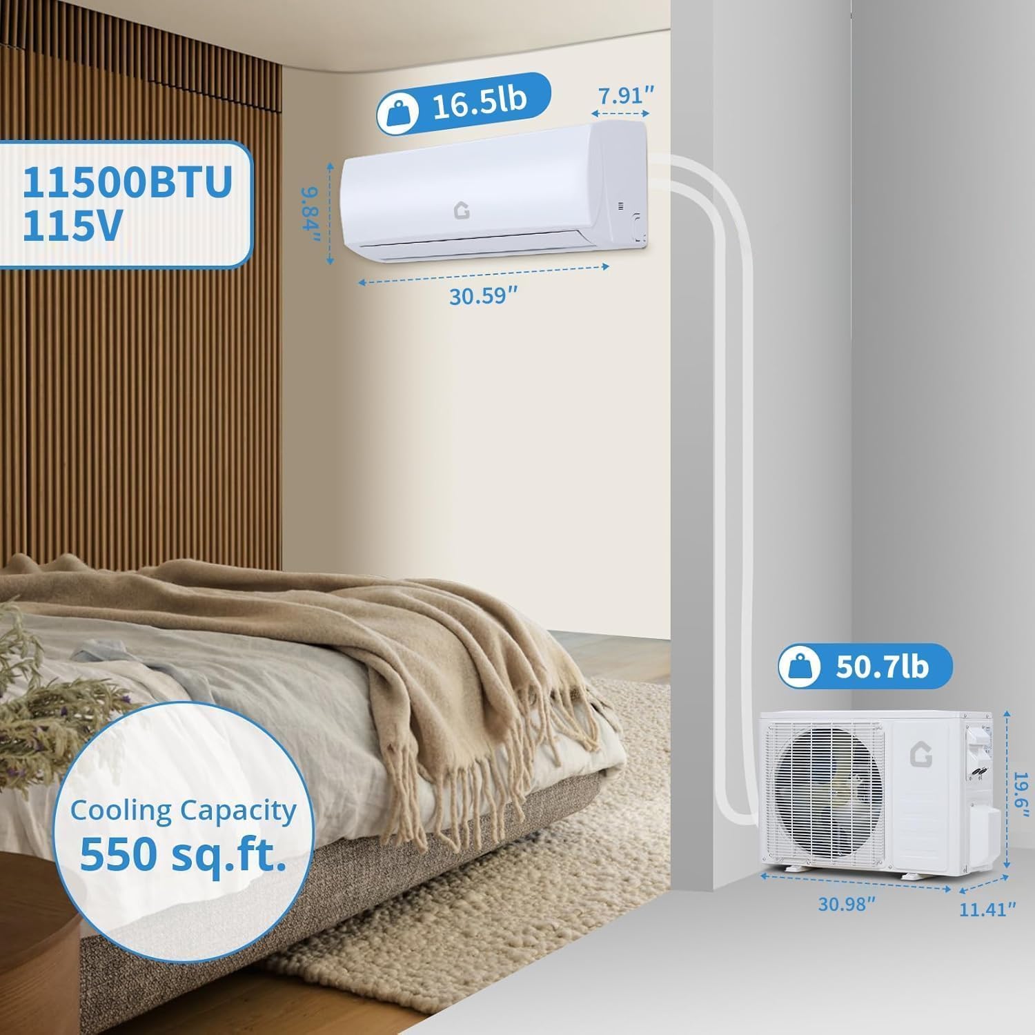 11500 BTU Wifi Enabled Mini Split Air Conditioner & Heater, 17 SEER2 115V Inverter Ductless Wall AC Unit with Heat Pump & Installation Kit, 750 Sq. Ft Coverage