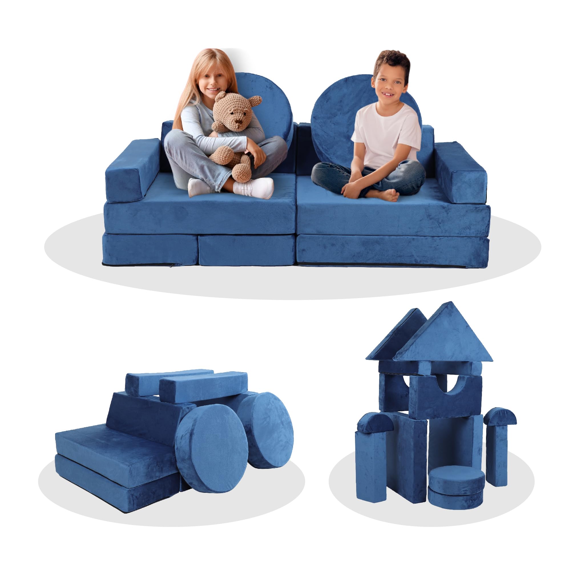 Weighted Idea 14pcs Kids Sofa Modular Couch for Girls and Boys, Chairs Comfy Children Couch, Convertible Sofa to Lounger for Playing Sleeping Camping(Blue)