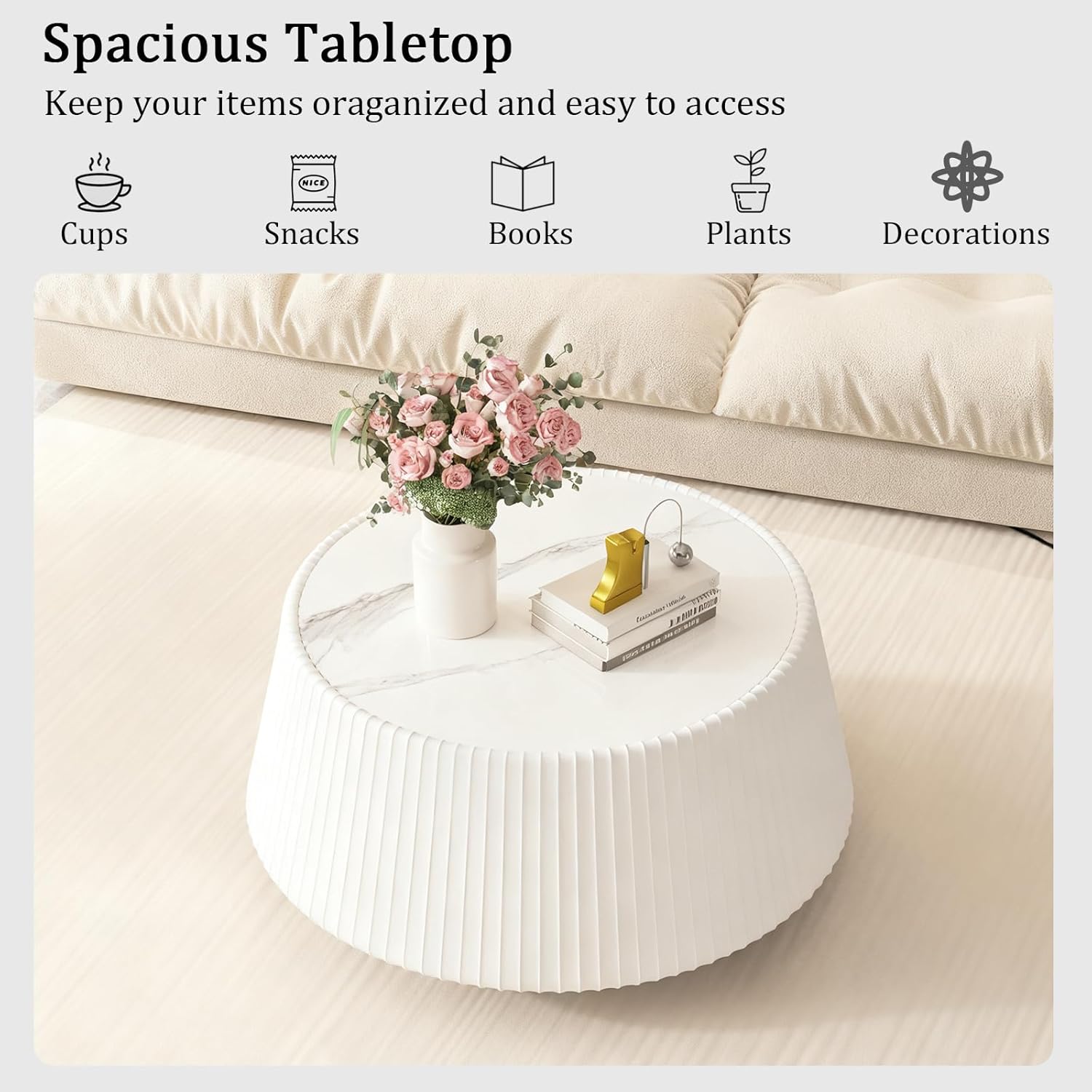 26.77" White Round Coffee Table, Drum Coffee Table with Sintered Stone Tabletop and Fluted PU Leather Covered and Stable Base, Circle Cocktail Tea Table for Living Room