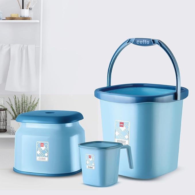 Cello Cubic 20 Bathroom Set | Sturdy and Durable | Cubic Set (Bucket 18 L + Stool + Mug 1.5 L) | Lightweight and Rigid | Easy to Clean and Attractive Design | Set of 3 | Dark Blue