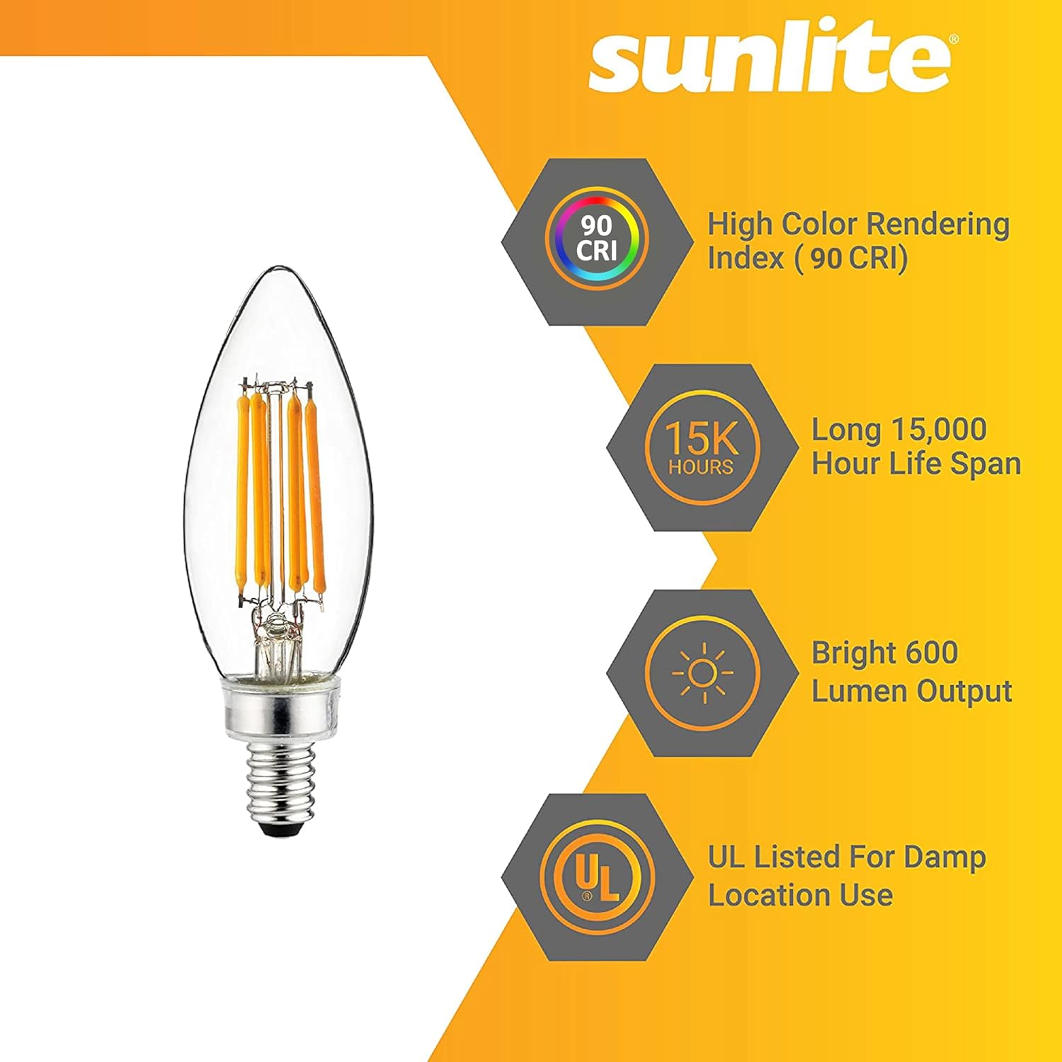 Sunlite LED Filament B11 Torpedo Tip Chandelier Light Bulb, 5 Watts (60 W Equivalent), 600 Lumens, 90CRI, Candelabra E12 Base, Dimmable, UL Listed, Title-20 Compliant, 2700K Soft White, 12 Count