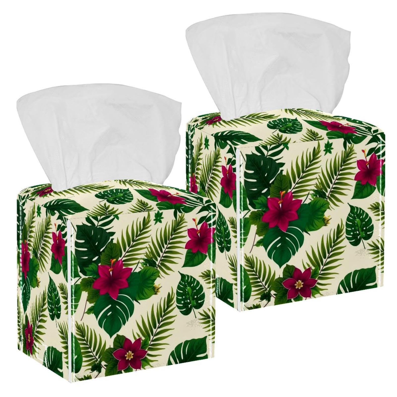 Artistic Leaves Tissue Box Cover, 2 Pack PU Leather Square Facial Tissue Dispenser Box holder for Home Office Car