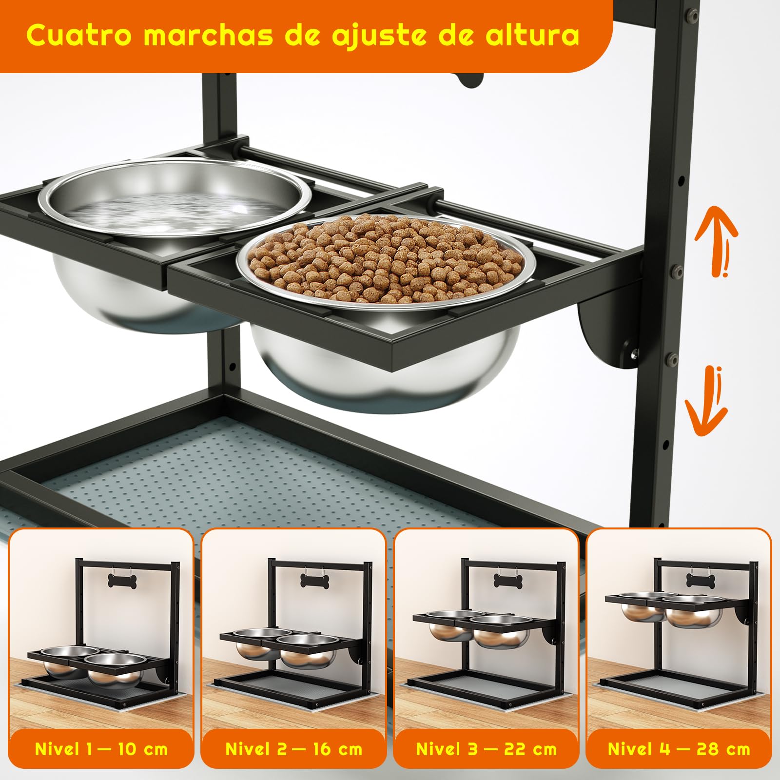 Cuencos elevados para perros con 4 altura ajustable e inclinación de 10°, 2 cuencos de comida para perros de acero inoxidable (1,5 L x 2) y alfombrilla a prueba de fugas, soporte elevado para perros