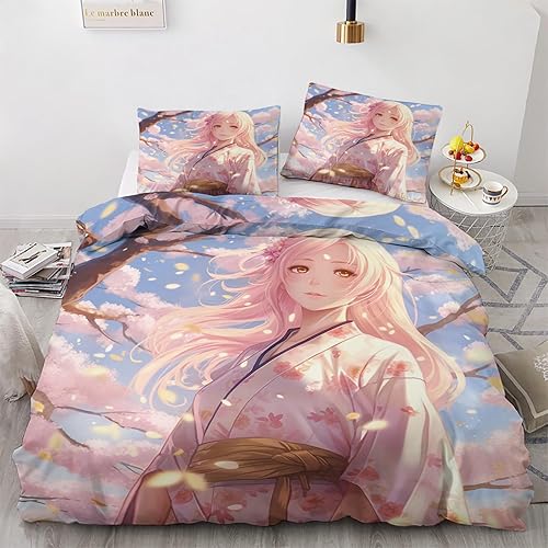 zcwl Funda de edredón de anime tamaño matrimonial  Juego de ropa de cama de cerezo japonés  3 piezas  Funda de edredón con patrón de microfibra