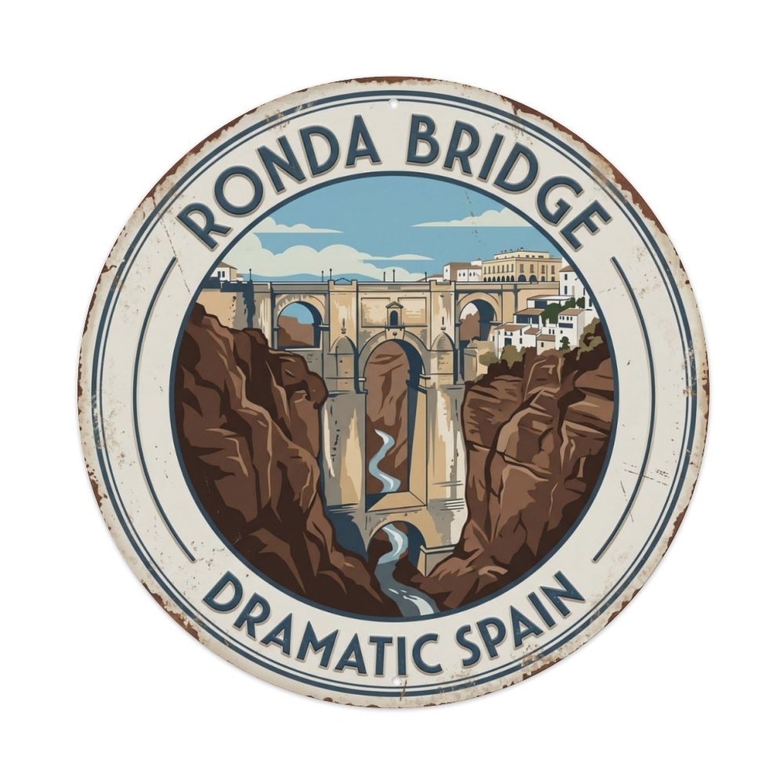 Ronda Bridge Dramatic Spain Gorge Metal Tin Sign Plaque Wall Decor for Cafe, Club Bar, Office, Home Garden Round Metal Poster 8x8Inch