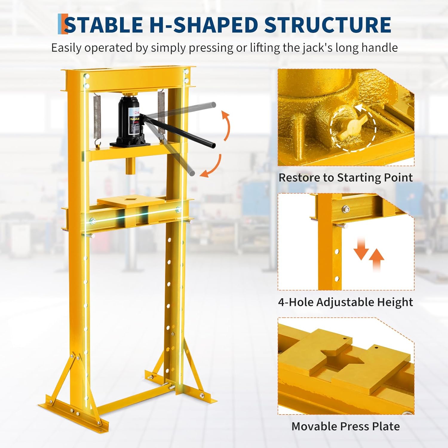 Garvee 12 Ton Hydraulic Shop Press, Heavy Duty H-Frame Floor Bearing Press with Steel Plates & Adjustable Bed, for Garage Bending, Bearing, U-Joint, Metalworking (Yellow)