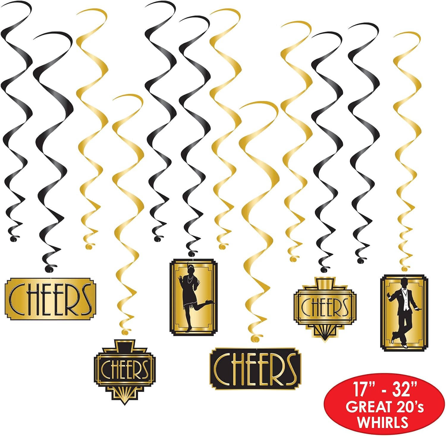 Beistle Great 20s Whirls – 24-Pack Art Deco Hanging Swirl Decorations with Metallic Gold & Black Spirals, 1920s Party Ceiling Decor for Roaring Twenties, Jazz Age Events, and New Year’s Eve, 17"–32"