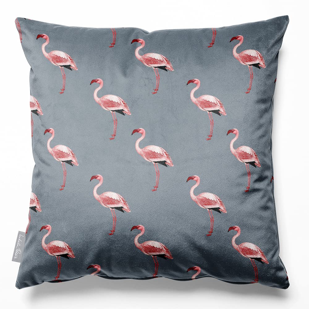 Izabela Peters Flamingos - French Grey Cushions With Covers Included, Filled Cushion, Eco-Friendly Velvet Cushions, 45 Cm, Chair Cushions, Sofa Cushions, Seat Cushions, Large Cushions