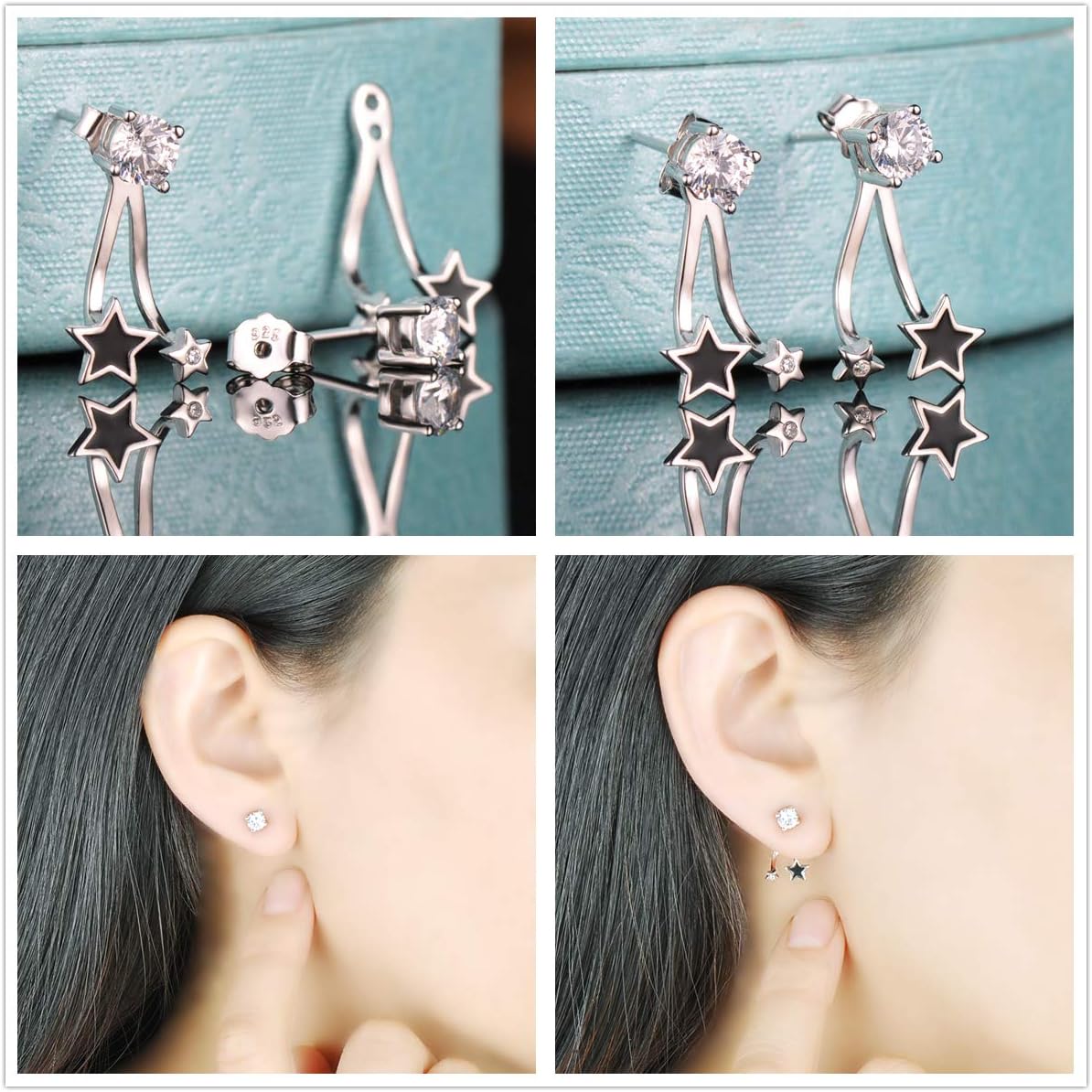 Yumilok Jewelry Women's 3 Pairs 925 Sterling Silver Cubic Zirconia Pearls Moon and Stars Earring Jackets Hypoallergenic Earring Set