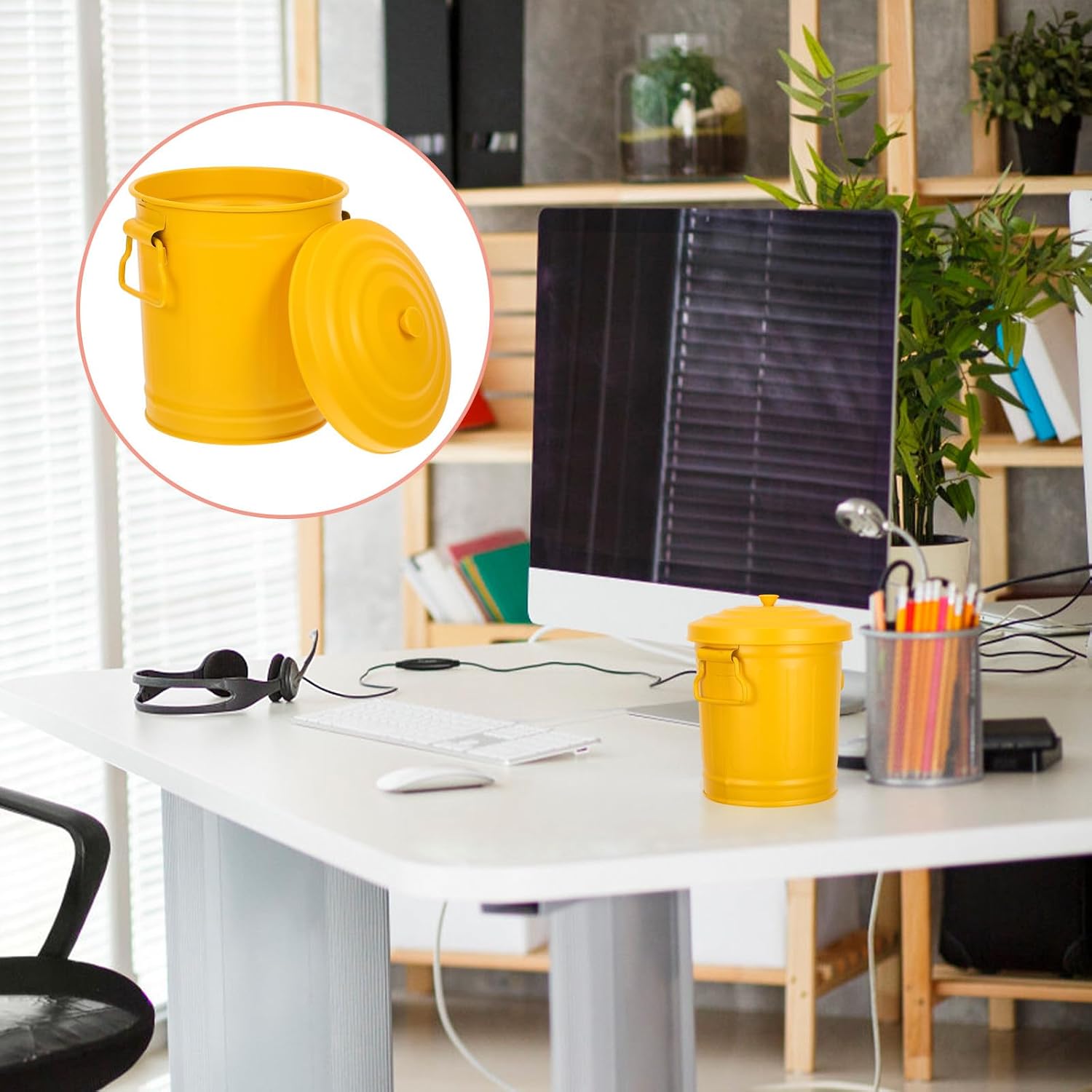 Mini Trash Can with Lid, Galvanized Metal Garbage Bin for Desk, Desktop Storage Bucket for Makeup Brushes and Office Supplies, Small Wastebasket for Bathroom and Home Organization