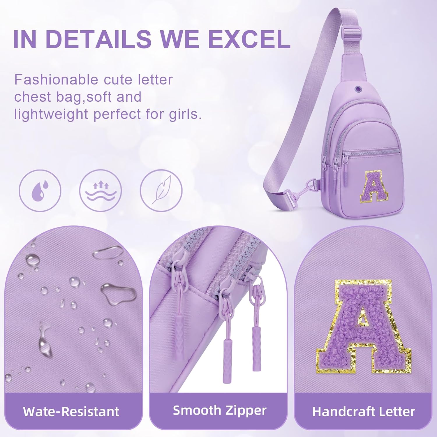 Small Initial Sling Crossbody Bags for Girls Fanny Pack Chest Bag Purse Personalized Birthday Gift - Purple - A - Image 3