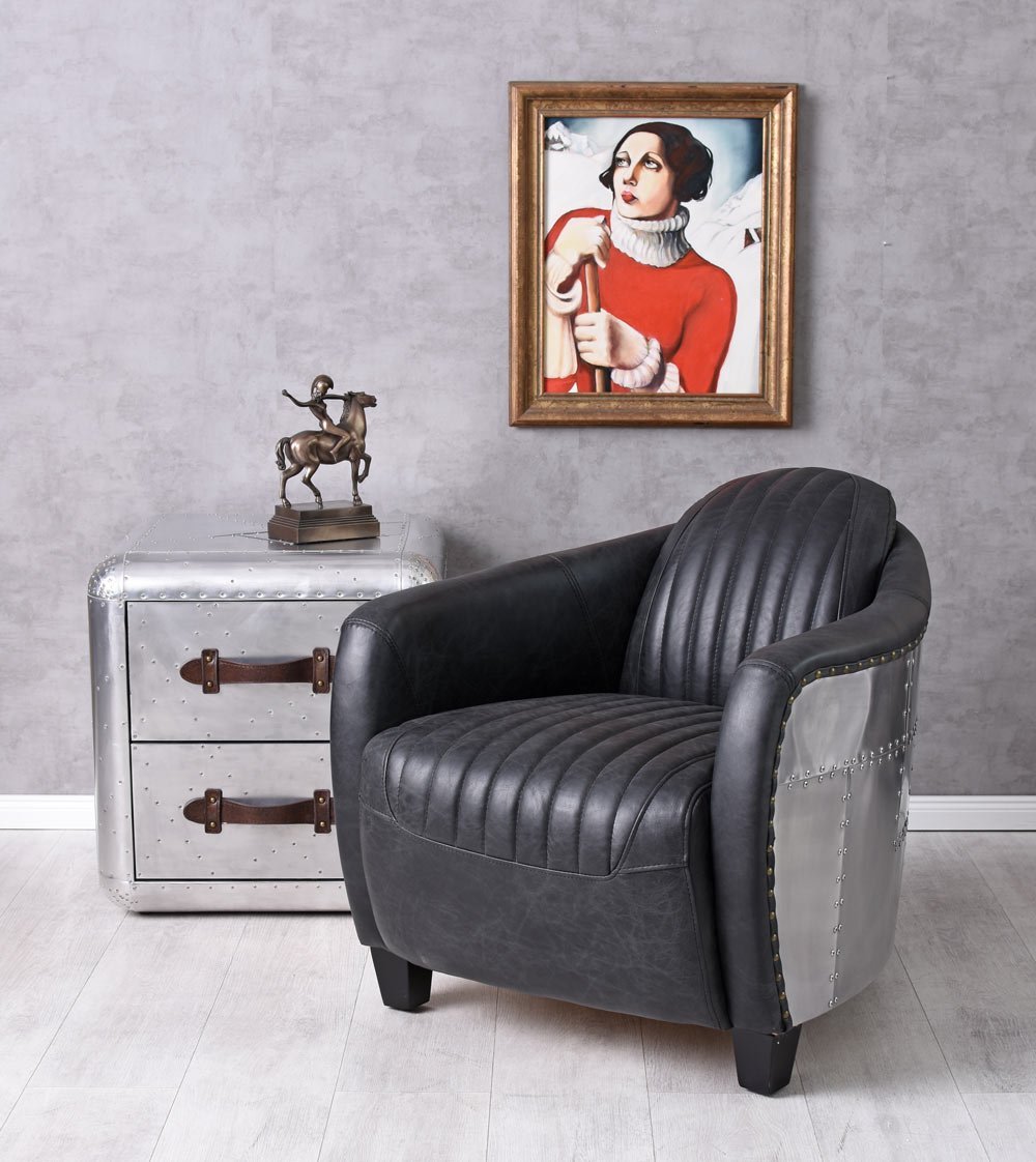 VINTAGE FAUTEUIL CLUB aluminium épais cuir Art Deco avion DC3 cadre en bois neuf EUR 999,99 - FR
