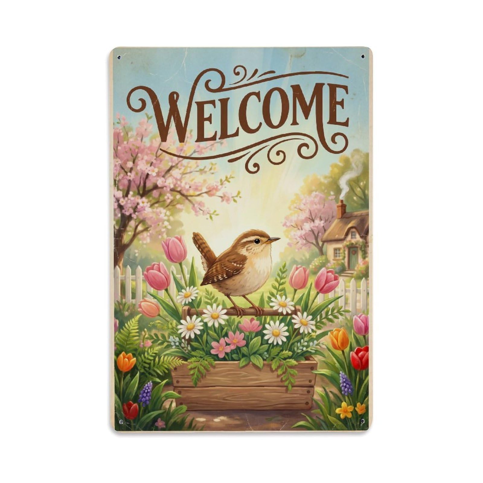 Cxhjca 8X12inch(20X30cm) Vintage Welcome Wren Sunny Meadow Metal Tin Sign
