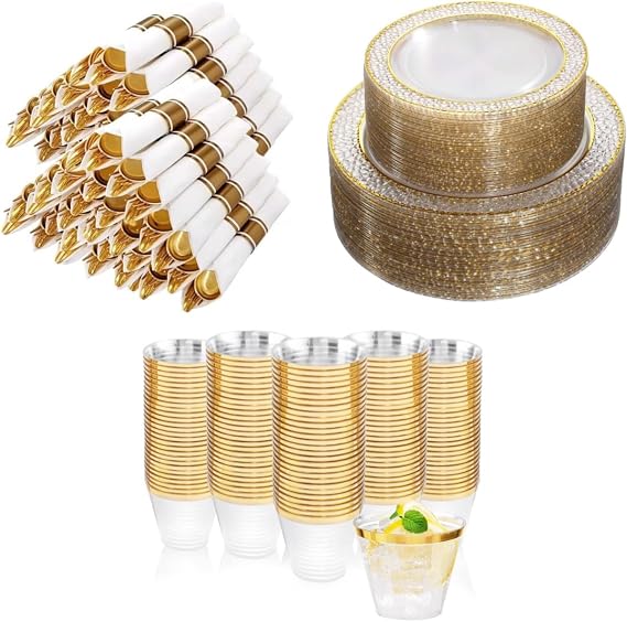 Nervure 622PCS Clear and Gold Plastc Plates-Disposable Clear Gold Plastic Plates & Pre Rolled Napkins with Cutlery for 50 Guests, 102Plates, 300Silverware, 120Cups,100Napkin for Wedding & Party