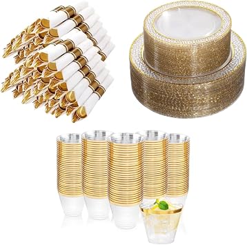 Nervure 622PCS Clear and Gold Plastc Plates-Disposable Clear Gold Plastic Plates & Pre Rolled Napkins with Cutlery for 50 Guests, 102Plates, 300Silverware, 120Cups,100Napkin for Wedding & Party