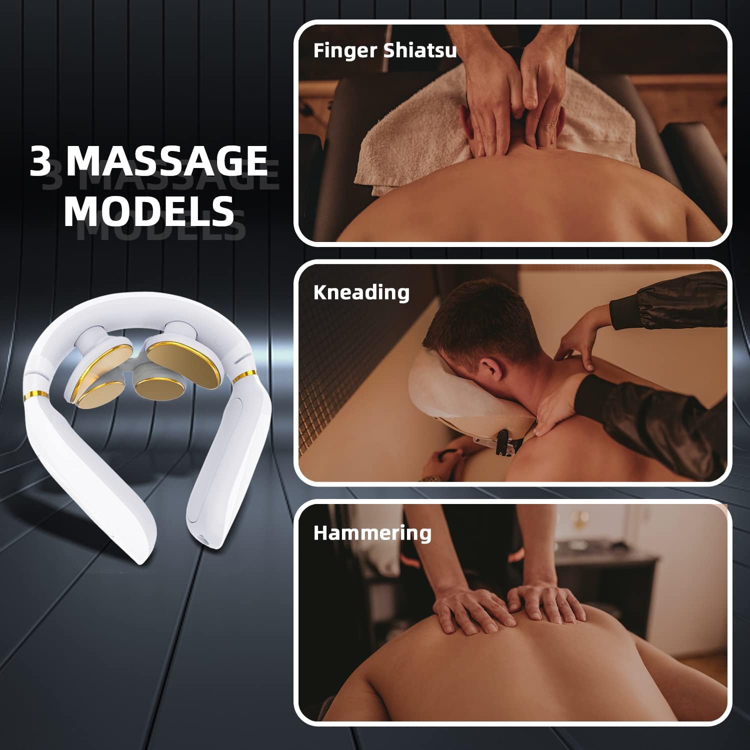 Three massage models: Finger Shiatsu, Kneading, and Hammering