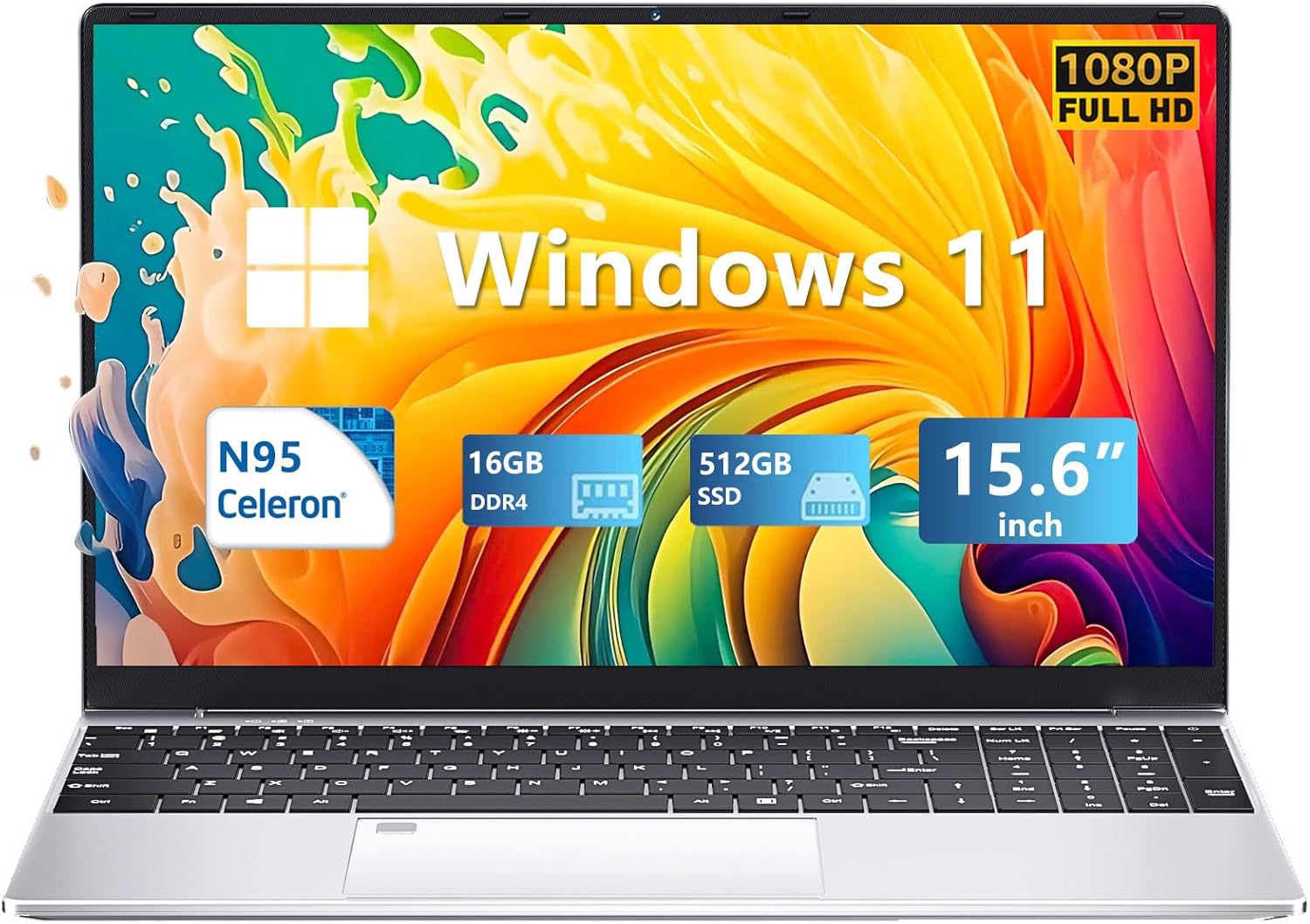 KiiUiUi 15.6″ Laptop, 16GB DDR4 RAM 512GB SSD Laptop Computer, 12th Gen N95 Processor, Full HD 1920 * 1080 IPS, Win11 Pro Notebook, Backlit Keyboard with Fingerprint Unlock, USB3.0*2, WIFI 5G, BT4.2