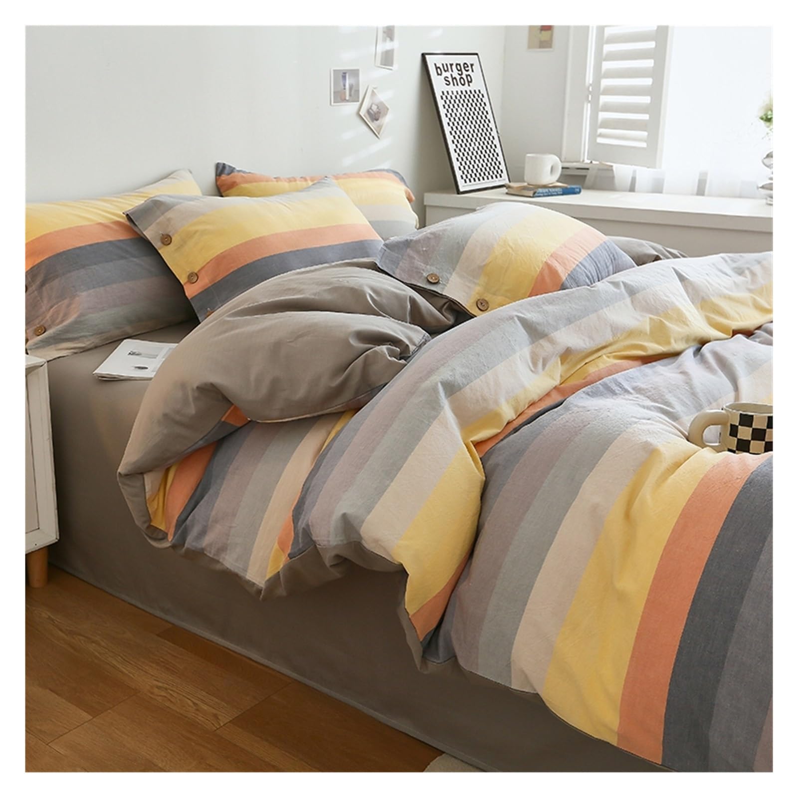Set Copripiumino Set Copripiumino in Cotone a Righe Colorate, Tessuto 100% Cotone, Resistente, Traspirante, Naturale, Sognante, Chic Biancheria da Letto(Greyish Yellow,220x240cm)